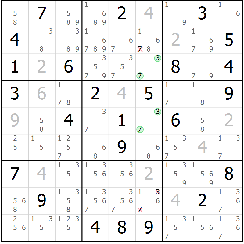 Position des candidats pour la solution de la Gr 82 page 85 du magazine de sudoku Sudoku Suprême n° 039