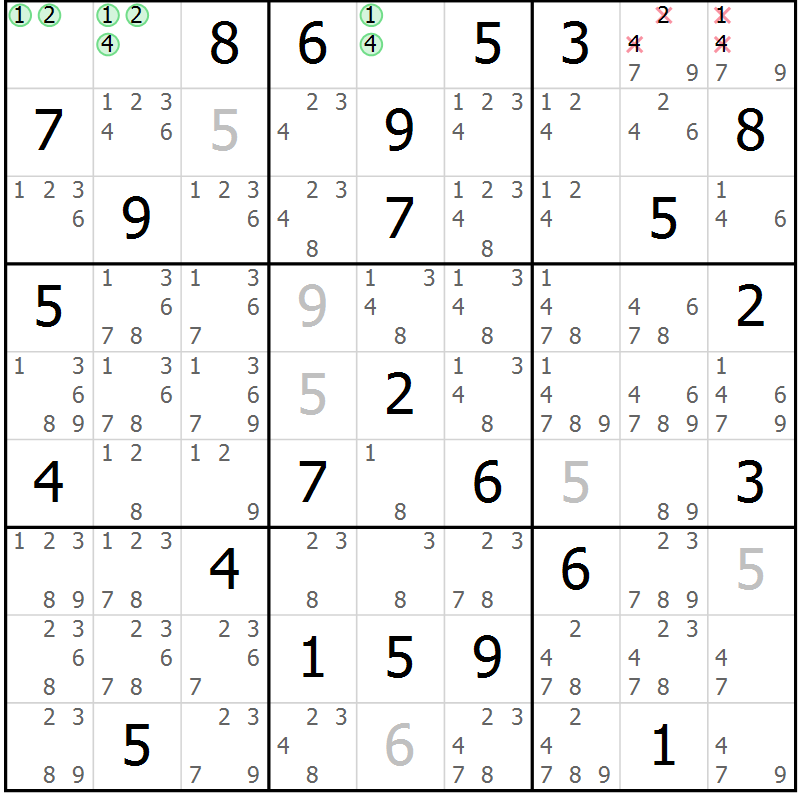 Position des candidats pour la solution de la Gr 83 page 86 du magazine de sudoku Sudoku Suprême n° 039