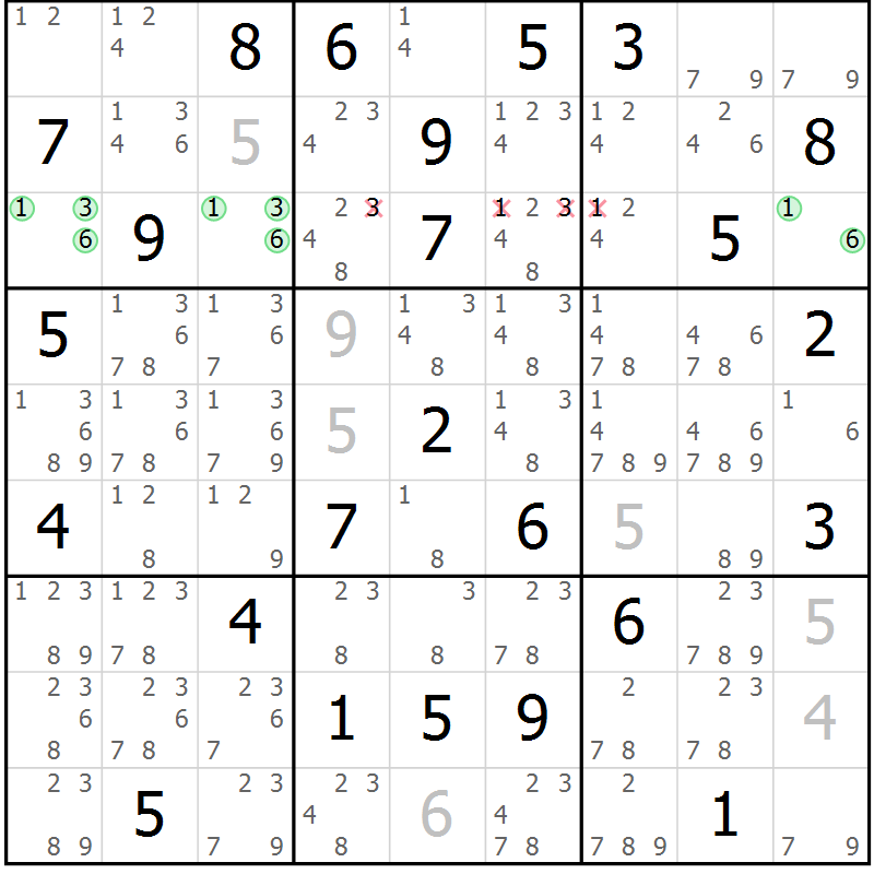 Position des candidats pour la solution de la Gr 83 page 86 du magazine de sudoku Sudoku Suprême n° 039
