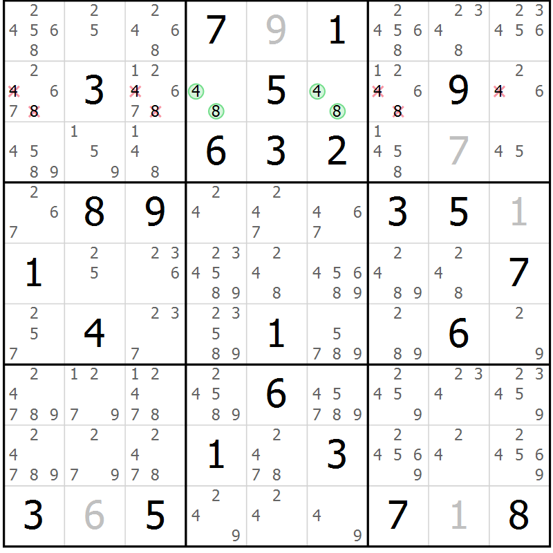 Position des candidats pour la solution de la Gr 84 page 87 du magazine de sudoku Sudoku Suprême n° 039