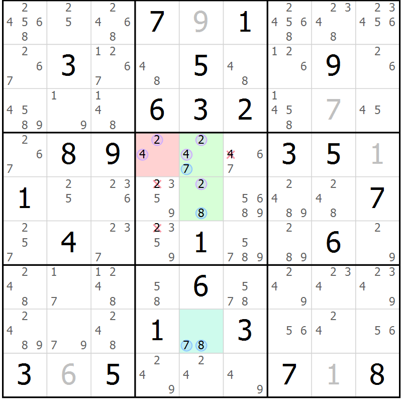 Position des candidats pour la solution de la Gr 84 page 87 du magazine de sudoku Sudoku Suprême n° 039