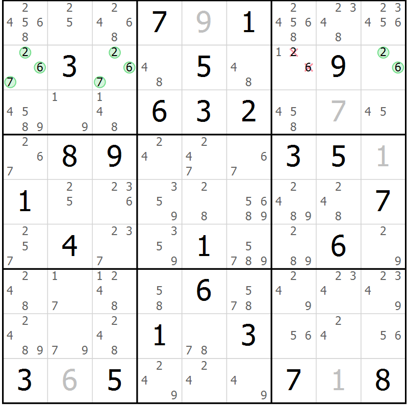 Position des candidats pour la solution de la Gr 84 page 87 du magazine de sudoku Sudoku Suprême n° 039