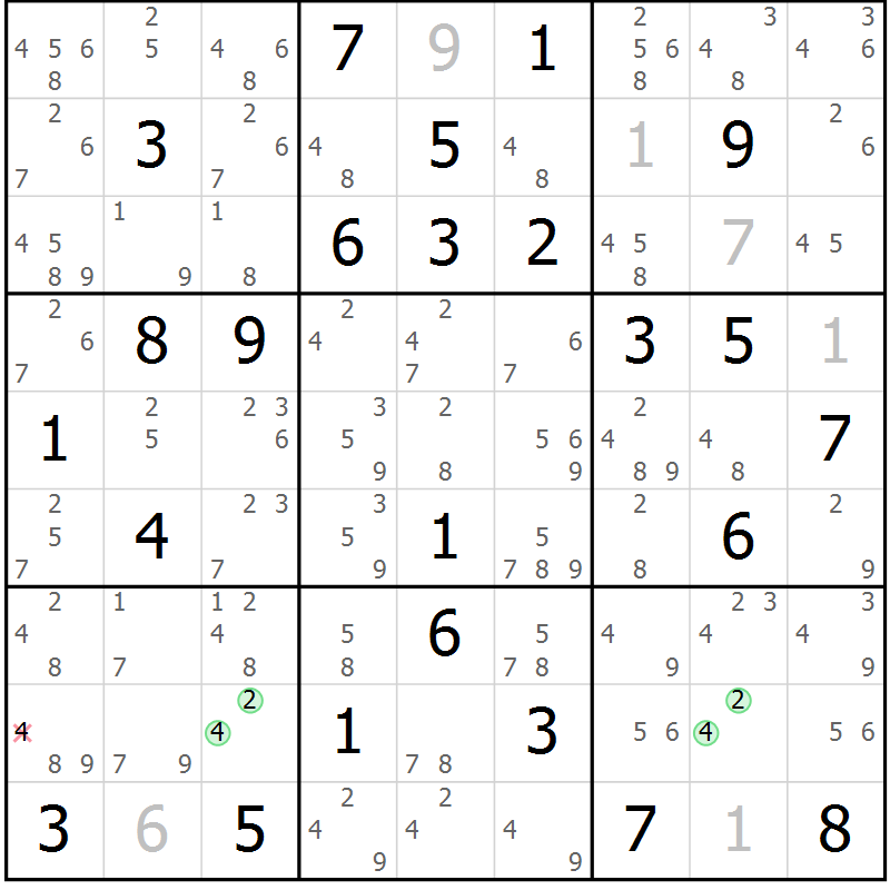 Position des candidats pour la solution de la Gr 84 page 87 du magazine de sudoku Sudoku Suprême n° 039