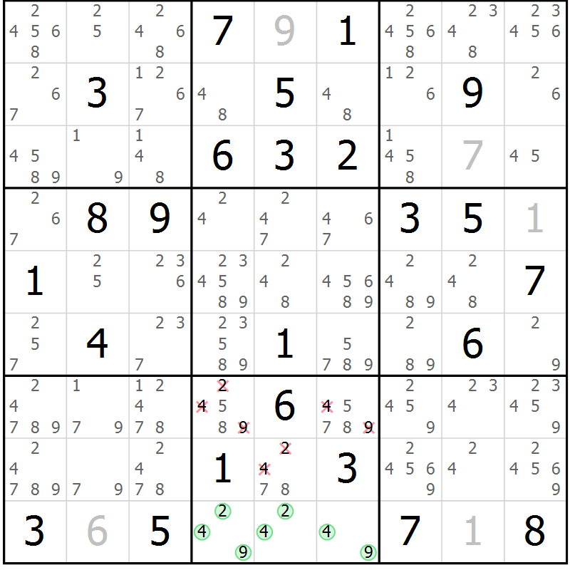 Position des candidats pour la solution de la Gr 84 page 87 du magazine de sudoku Sudoku Suprême n° 039