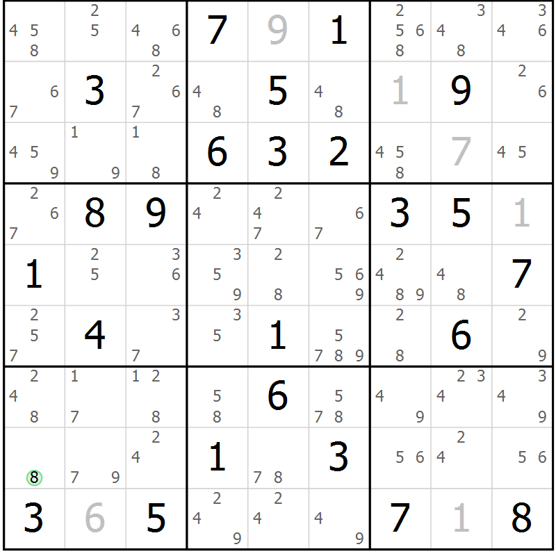 Position des candidats pour la solution de la Gr 84 page 87 du magazine de sudoku Sudoku Suprême n° 039