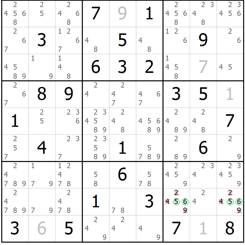 Position des candidats pour la solution de la Gr 84 page 87 du magazine de sudoku Sudoku Suprême n° 039