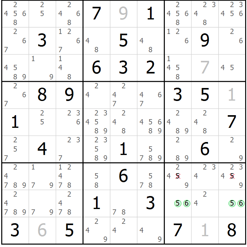 Position des candidats pour la solution de la Gr 84 page 87 du magazine de sudoku Sudoku Suprême n° 039