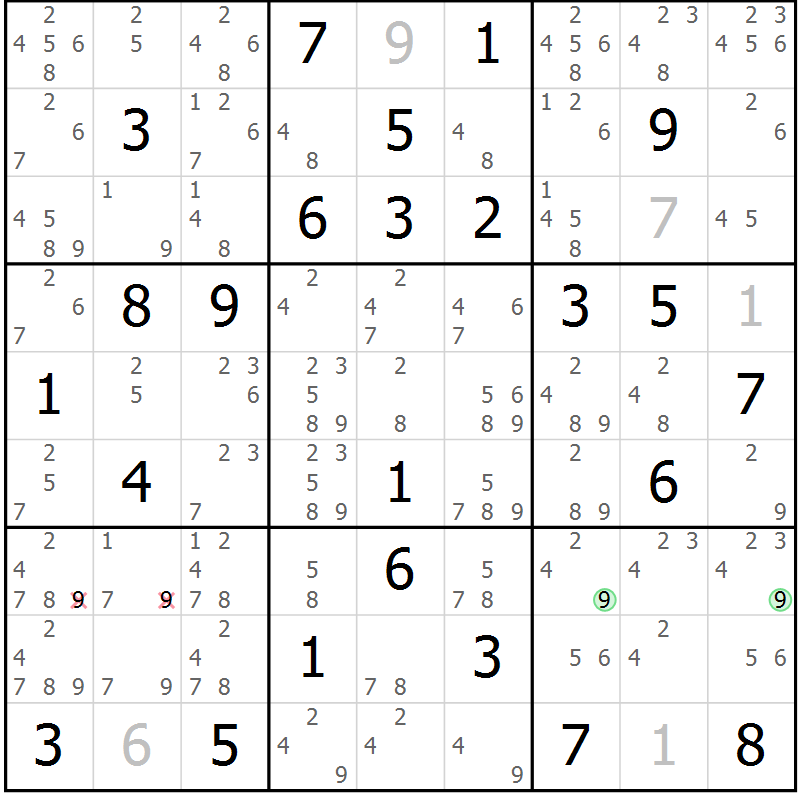 Position des candidats pour la solution de la Gr 84 page 87 du magazine de sudoku Sudoku Suprême n° 039