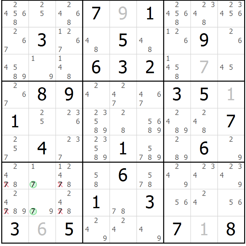 Position des candidats pour la solution de la Gr 84 page 87 du magazine de sudoku Sudoku Suprême n° 039