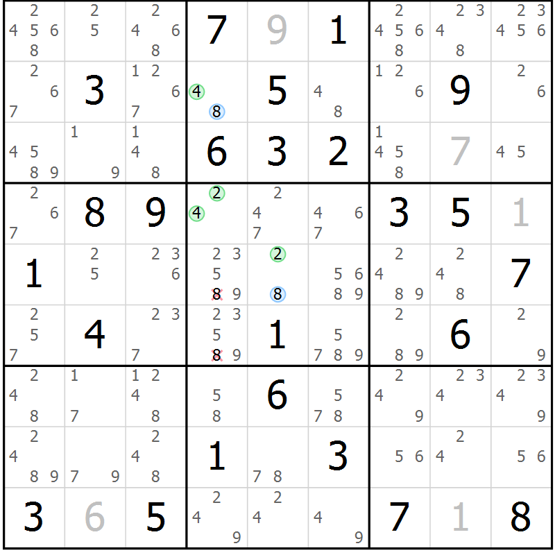 Position des candidats pour la solution de la Gr 84 page 87 du magazine de sudoku Sudoku Suprême n° 039