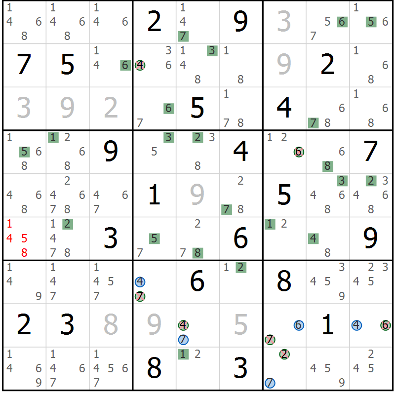 Position des candidats pour la solution de la Gr 10 page 13 du magazine de sudoku Sudoku Suprême n° 039