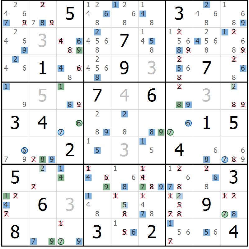 Position des candidats pour la solution de la Gr 18 page 21 du magazine de sudoku Sudoku Suprême n° 039