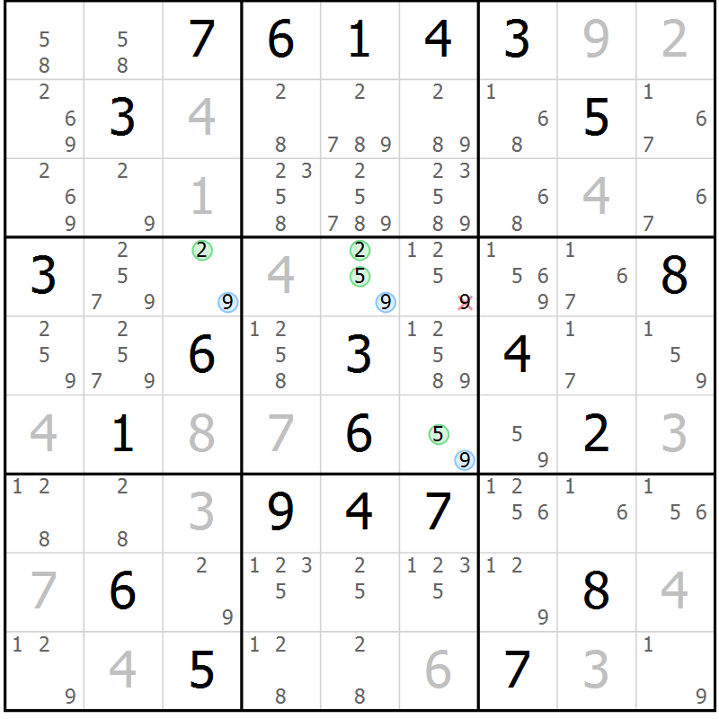 Position des candidats pour la solution de la Gr 2 page 5 du magazine de sudoku Sudoku Suprême n° 039