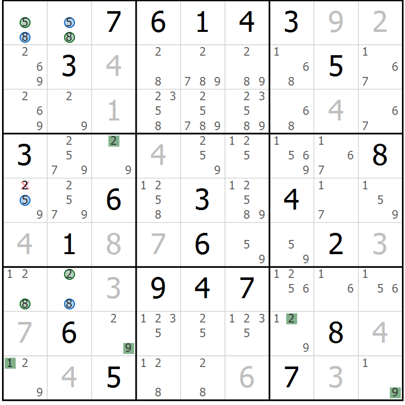 Position des candidats pour la solution de la Gr 2 page 5 du magazine de sudoku Sudoku Suprême n° 039