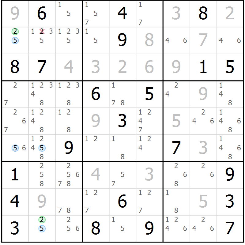 Position des candidats pour la solution de la Gr 22 page 25 du magazine de sudoku Sudoku Suprême n° 039