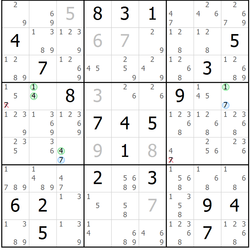 Position des candidats pour la solution de la Gr 23 page 26 du magazine de sudoku Sudoku Suprême n° 039