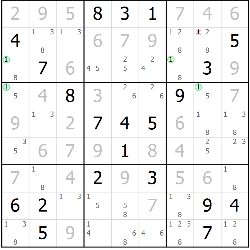 Position des candidats pour la solution de la Gr 23 page 26 du magazine de sudoku Sudoku Suprême n° 039