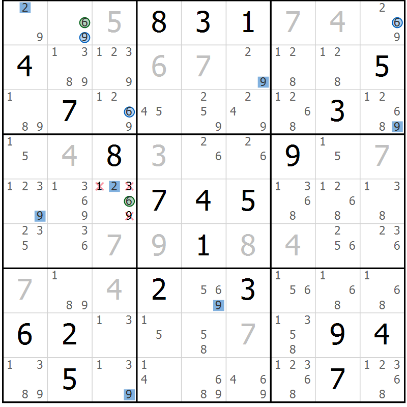 Position des candidats pour la solution de la Gr 23 page 26 du magazine de sudoku Sudoku Suprême n° 039
