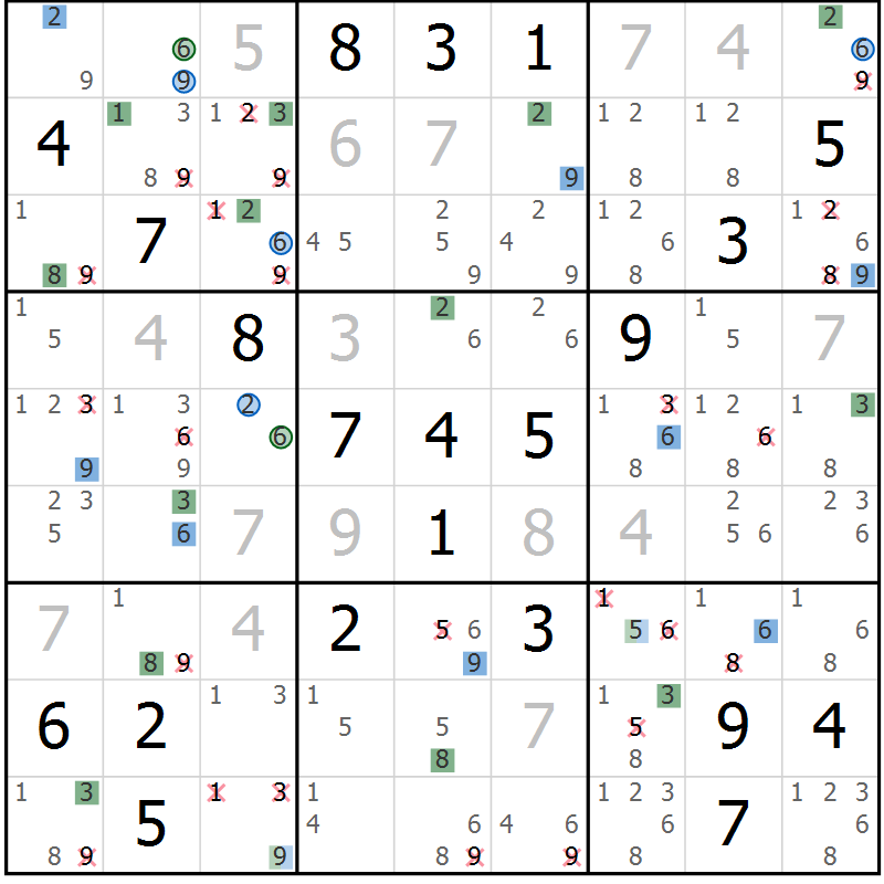 Position des candidats pour la solution de la Gr 23 page 26 du magazine de sudoku Sudoku Suprême n° 039