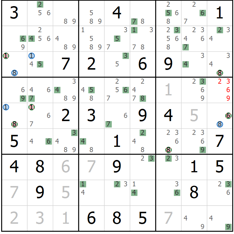 Position des candidats pour la solution de la Gr 33 page 36 du magazine de sudoku Sudoku Suprême n° 039