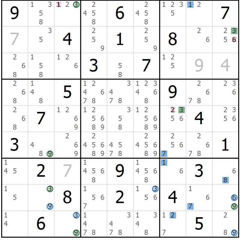 Position des candidats pour la solution de la Gr 4 page 7 du magazine de sudoku Sudoku Suprême n° 039