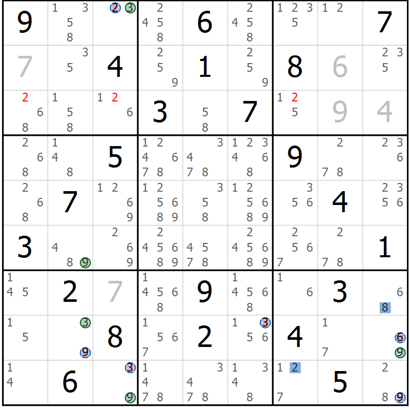 Position des candidats pour la solution de la Gr 4 page 7 du magazine de sudoku Sudoku Suprême n° 039