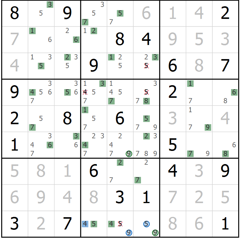 Position des candidats pour la solution de la Gr 42 page 45 du magazine de sudoku Sudoku Suprême n° 039