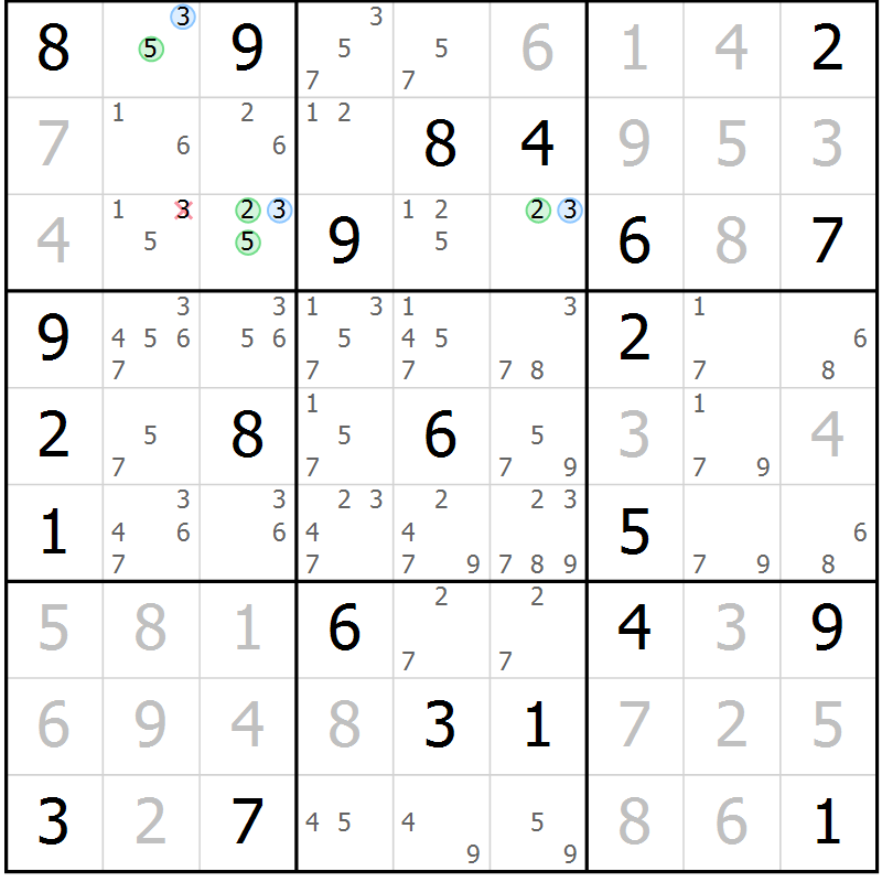 Position des candidats pour la solution de la Gr 42 page 45 du magazine de sudoku Sudoku Suprême n° 039