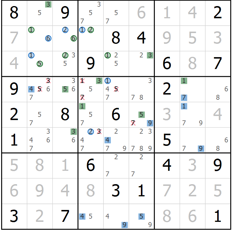 Position des candidats pour la solution de la Gr 42 page 45 du magazine de sudoku Sudoku Suprême n° 039