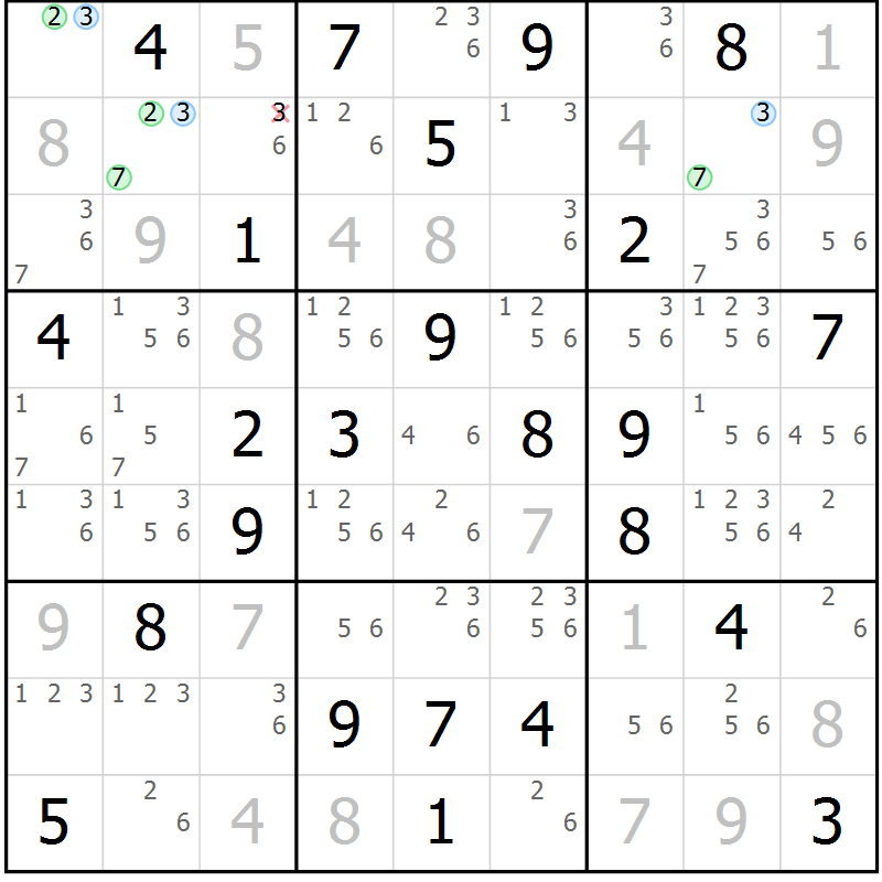 Position des candidats pour la solution de la Gr 43 page 46 du magazine de sudoku Sudoku Suprême n° 039