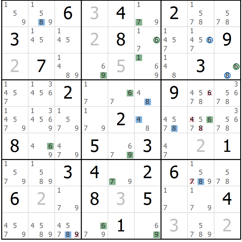 Position des candidats pour la solution de la Gr 46 page 49 du magazine de sudoku Sudoku Suprême n° 039