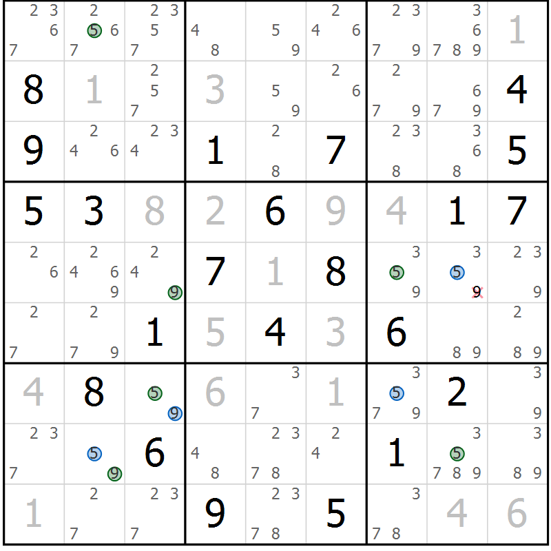 Position des candidats pour la solution de la Gr 5 page 8 du magazine de sudoku Sudoku Suprême n° 039