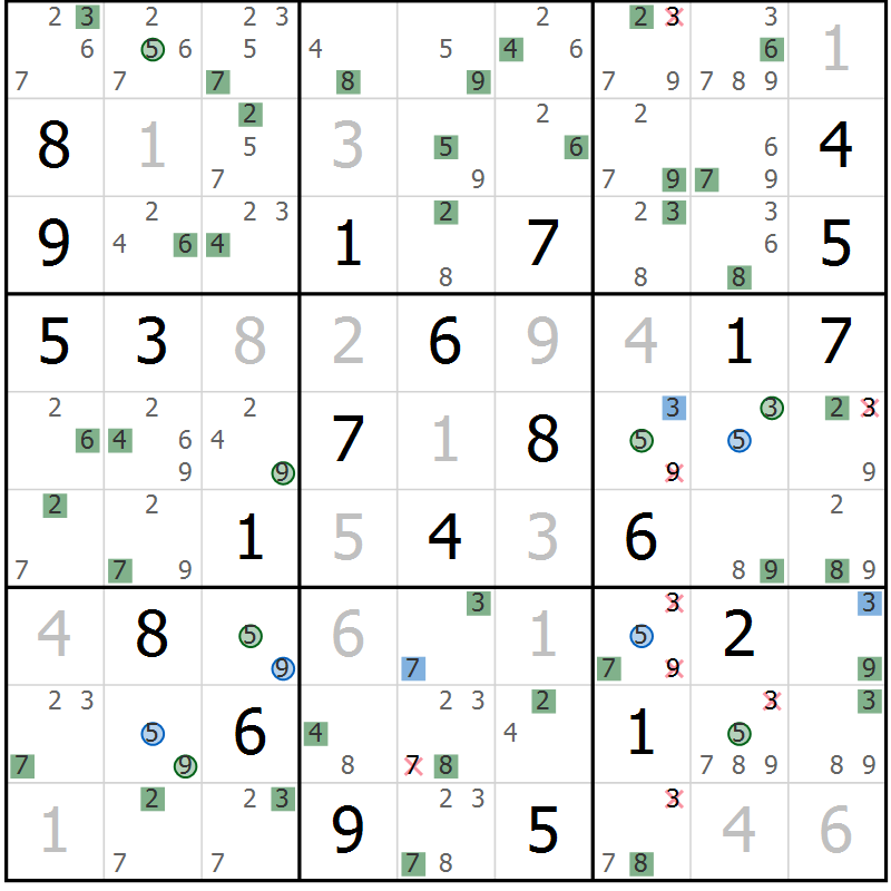 Position des candidats pour la solution de la Gr 5 page 8 du magazine de sudoku Sudoku Suprême n° 039