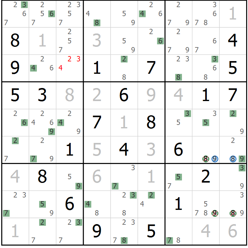 Position des candidats pour la solution de la Gr 5 page 8 du magazine de sudoku Sudoku Suprême n° 039