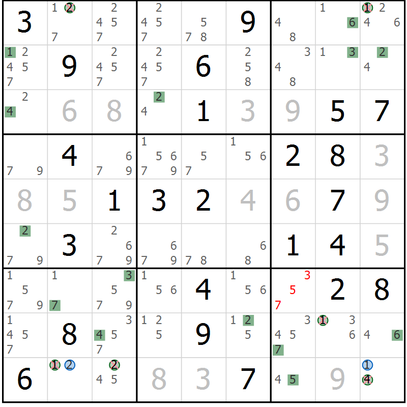 Position des candidats pour la solution de la Gr 51 page 54 du magazine de sudoku Sudoku Suprême n° 039