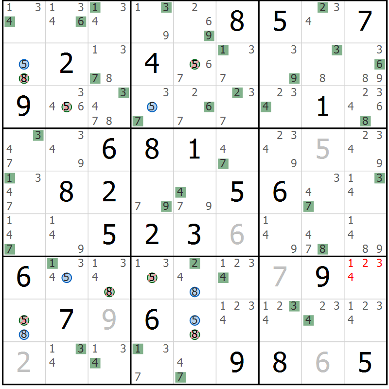 Position des candidats pour la solution de la Gr 54 page 57 du magazine de sudoku Sudoku Suprême n° 039
