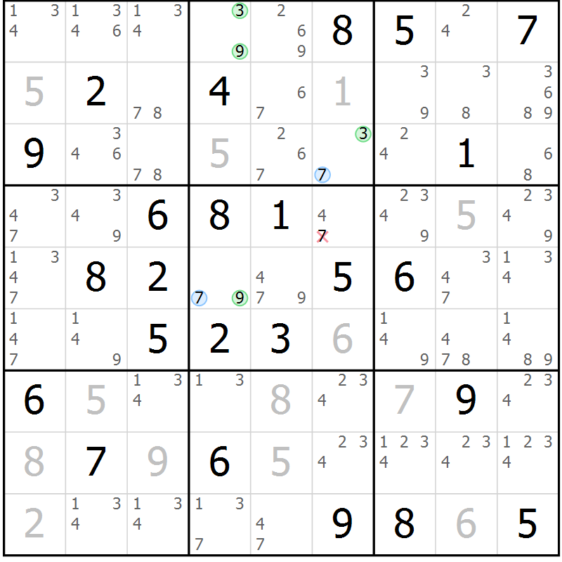 Position des candidats pour la solution de la Gr 54 page 57 du magazine de sudoku Sudoku Suprême n° 039