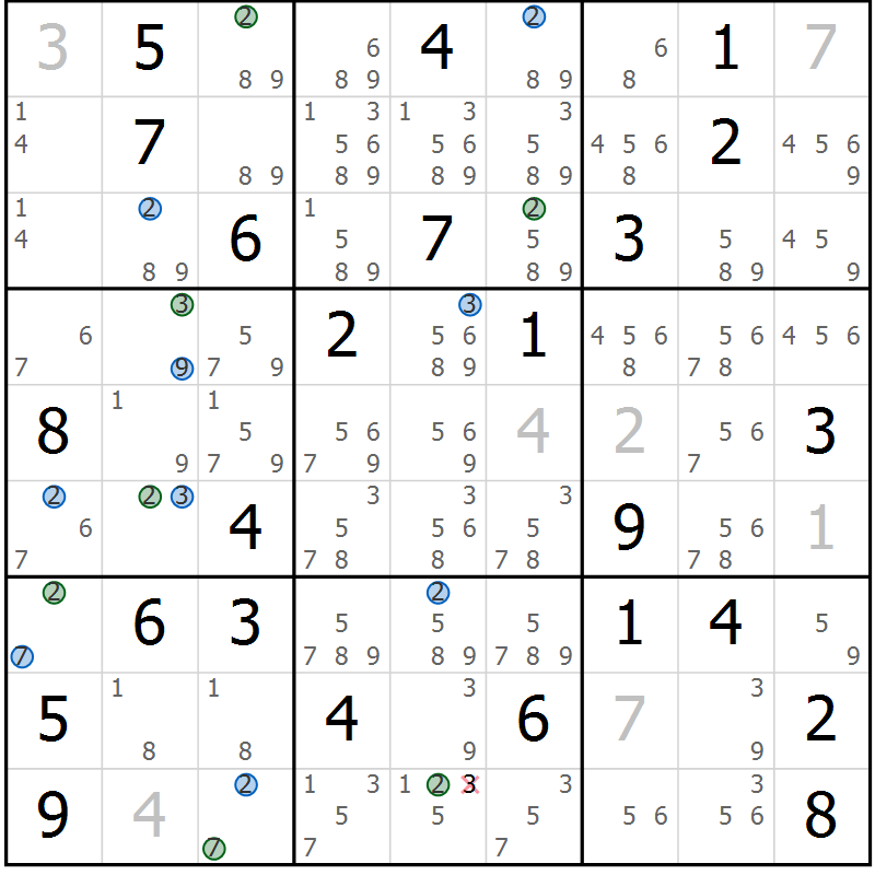 Position des candidats pour la solution de la Gr 56 page 59 du magazine de sudoku Sudoku Suprême n° 039