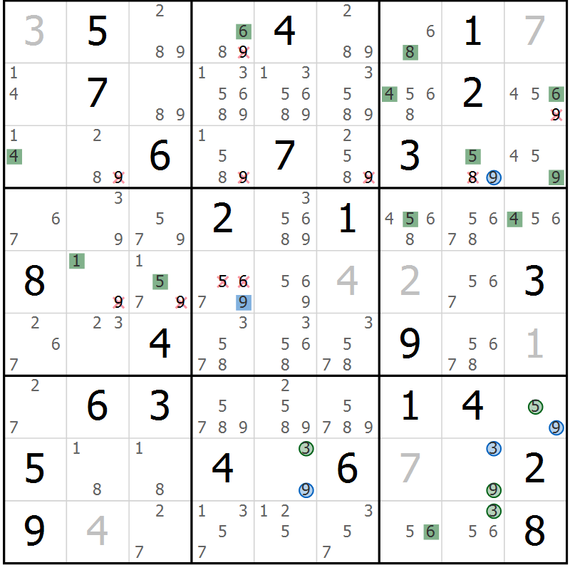 Position des candidats pour la solution de la Gr 56 page 59 du magazine de sudoku Sudoku Suprême n° 039
