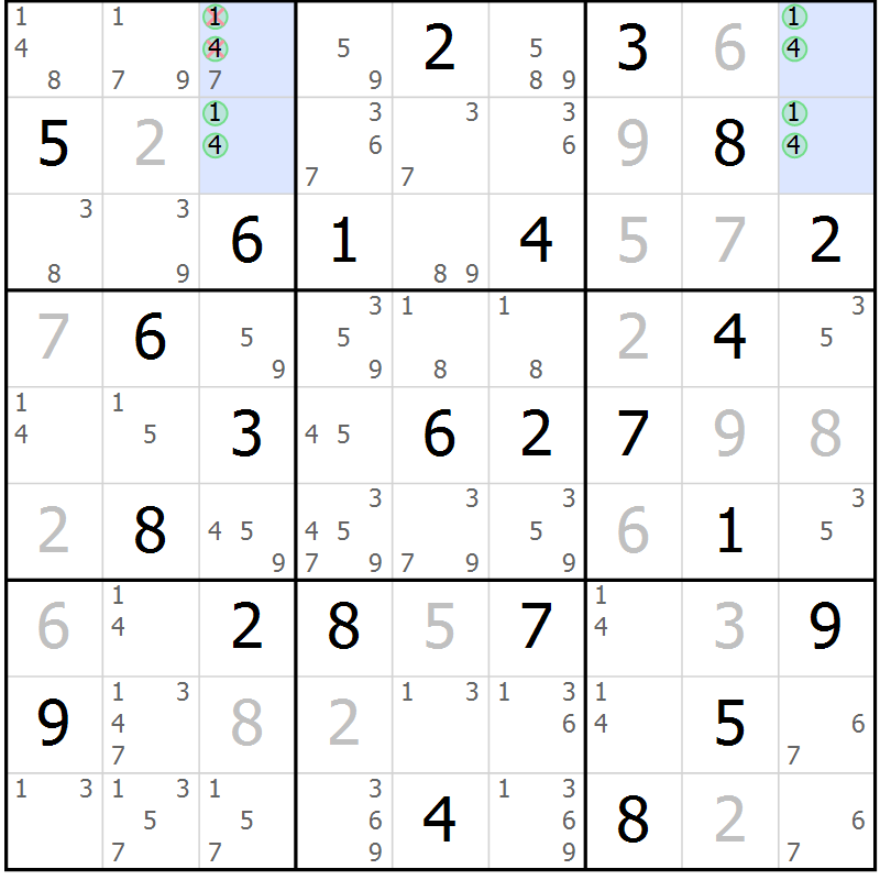 Position des candidats pour la solution de la Gr 57 page 60 du magazine de sudoku Sudoku Suprême n° 039