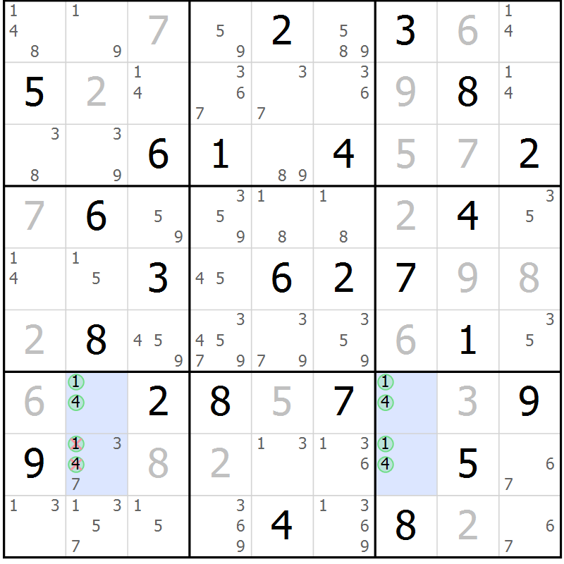 Position des candidats pour la solution de la Gr 57 page 60 du magazine de sudoku Sudoku Suprême n° 039