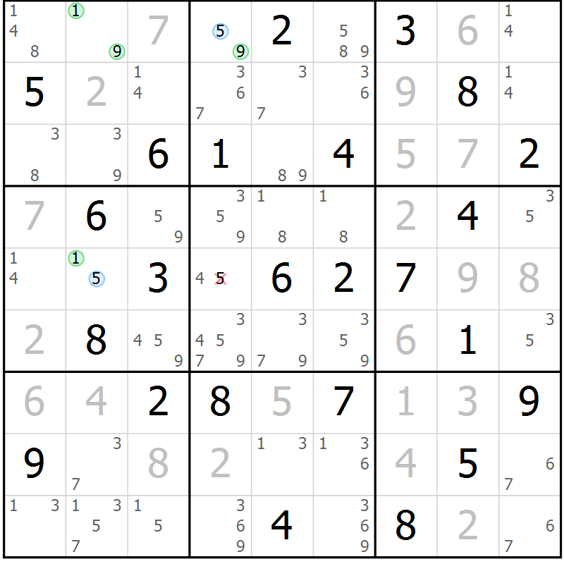 Position des candidats pour la solution de la Gr 57 page 60 du magazine de sudoku Sudoku Suprême n° 039