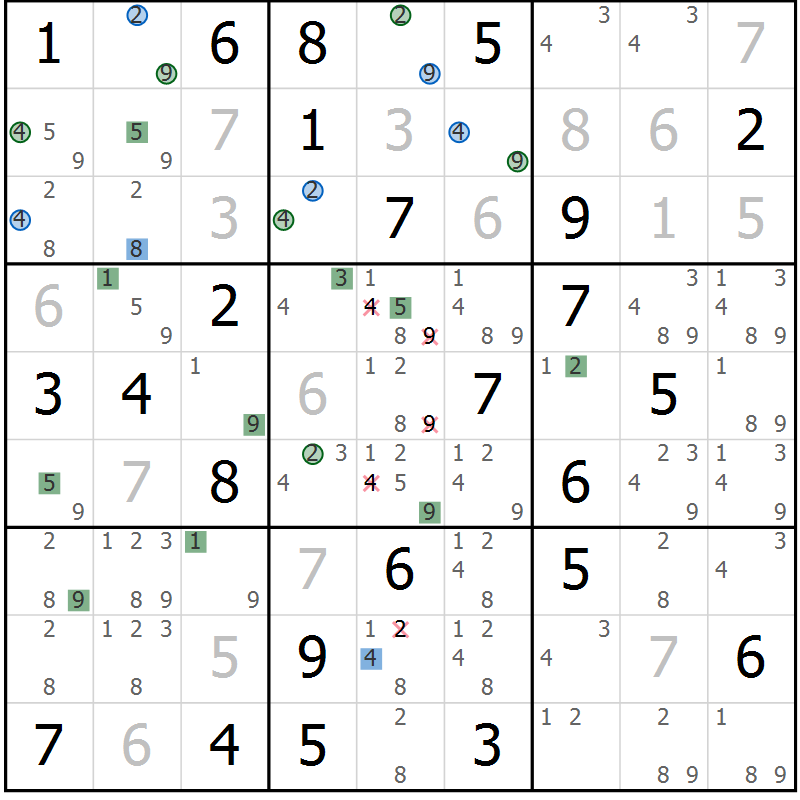 Position des candidats pour la solution de la Gr 58 page 61 du magazine de sudoku Sudoku Suprême n° 039