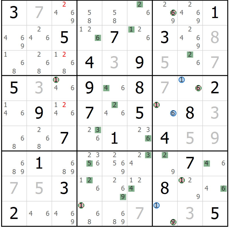 Position des candidats pour la solution de la Gr 59 page 62 du magazine de sudoku Sudoku Suprême n° 039