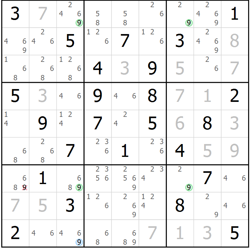Position des candidats pour la solution de la Gr 59 page 62 du magazine de sudoku Sudoku Suprême n° 039