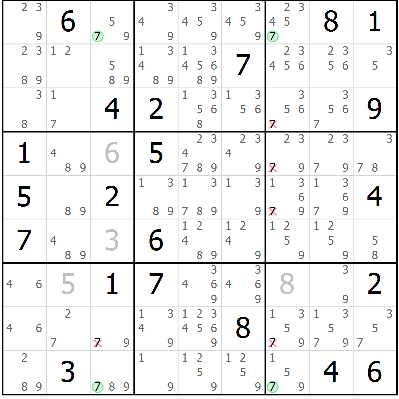 Position des candidats pour la solution de la Gr 6 page 9 du magazine de sudoku Sudoku Suprême n° 039