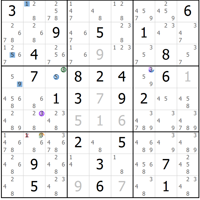 Position des candidats pour la solution de la Gr 60 page 63 du magazine de sudoku Sudoku Suprême n° 039