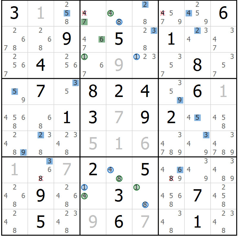 Position des candidats pour la solution de la Gr 60 page 63 du magazine de sudoku Sudoku Suprême n° 039