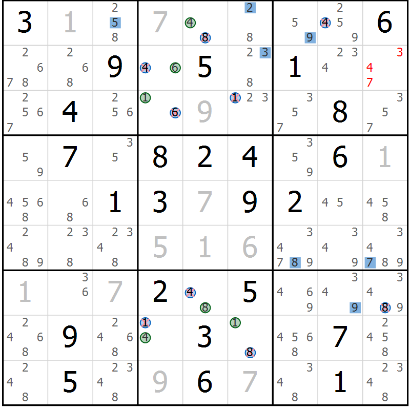 Position des candidats pour la solution de la Gr 60 page 63 du magazine de sudoku Sudoku Suprême n° 039