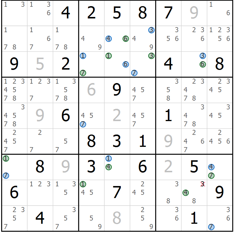 Position des candidats pour la solution de la Gr 61 page 64 du magazine de sudoku Sudoku Suprême n° 039